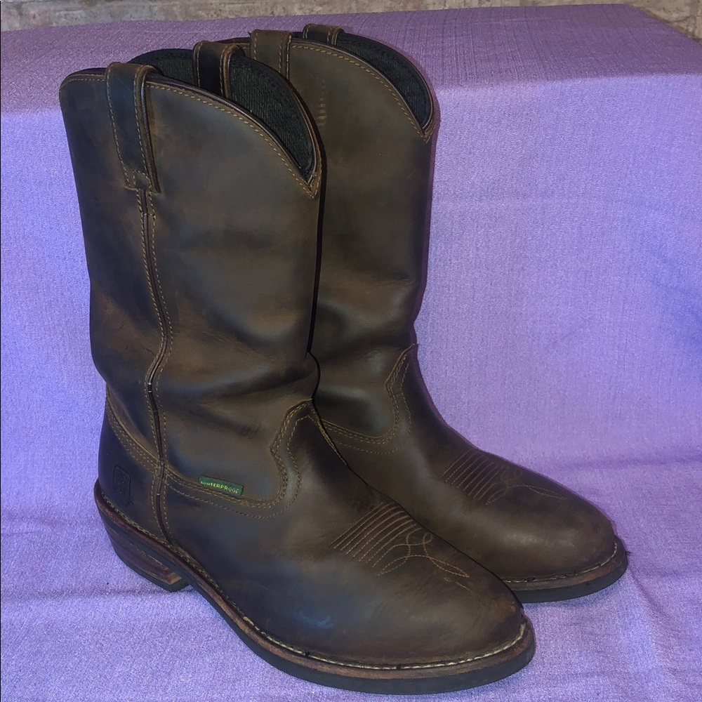 Used Dan Post DP69691 Brown Distressed Soft Toe Waterproof Work Boot Size 11EW.